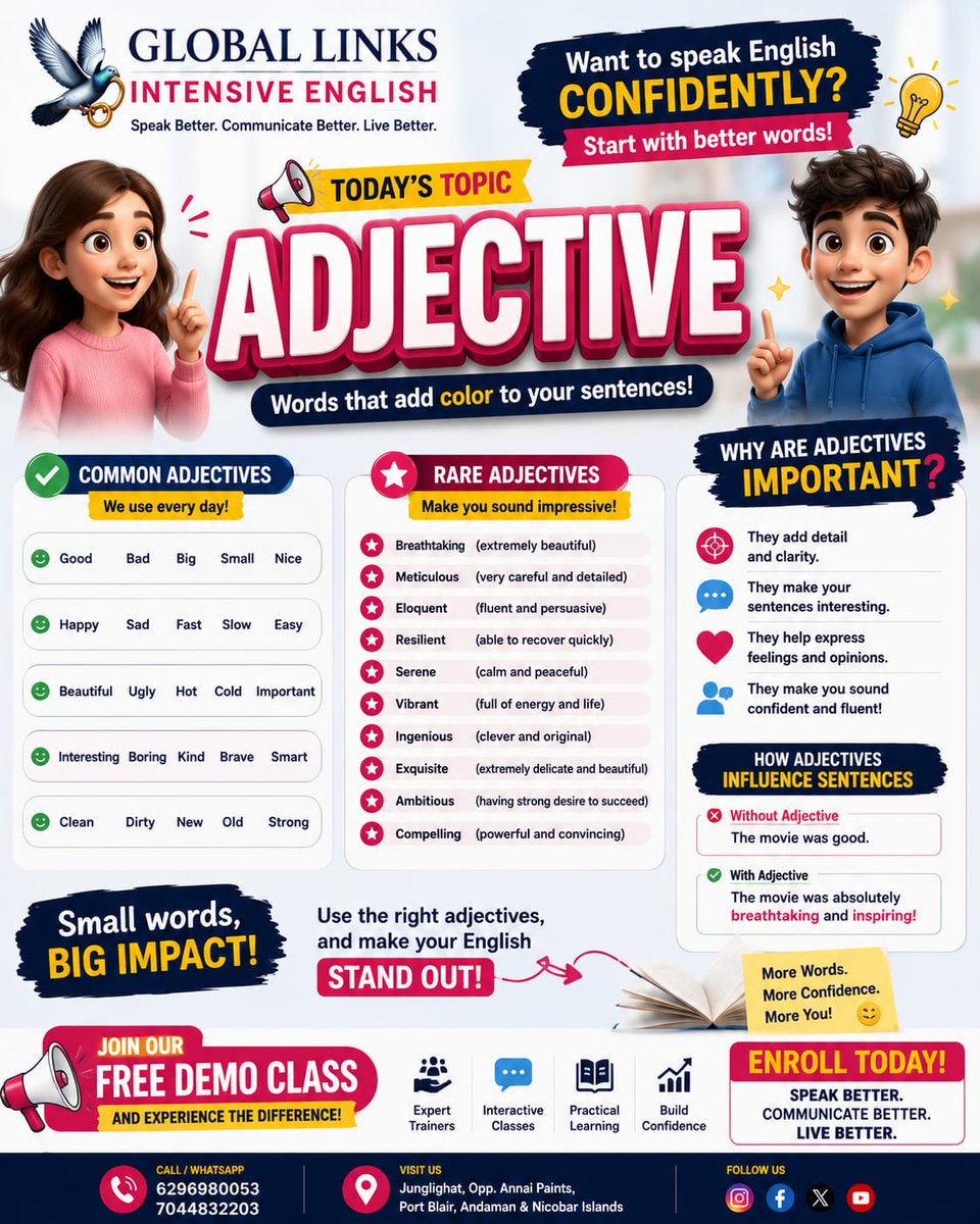 GLintensiveEng's tweet photo. 🚨 Stop saying "good" all the time.
Try: ✨ Outstanding ✨ Exceptional ✨ Remarkable ✨ Brilliant ✨ Breathtaking
One better adjective can make your English sound more confident.
#LearnEnglish #EnglishTips #Vocabulary #SpokenEnglish #EnglishLearning https://t.co/LhHKvnskY5