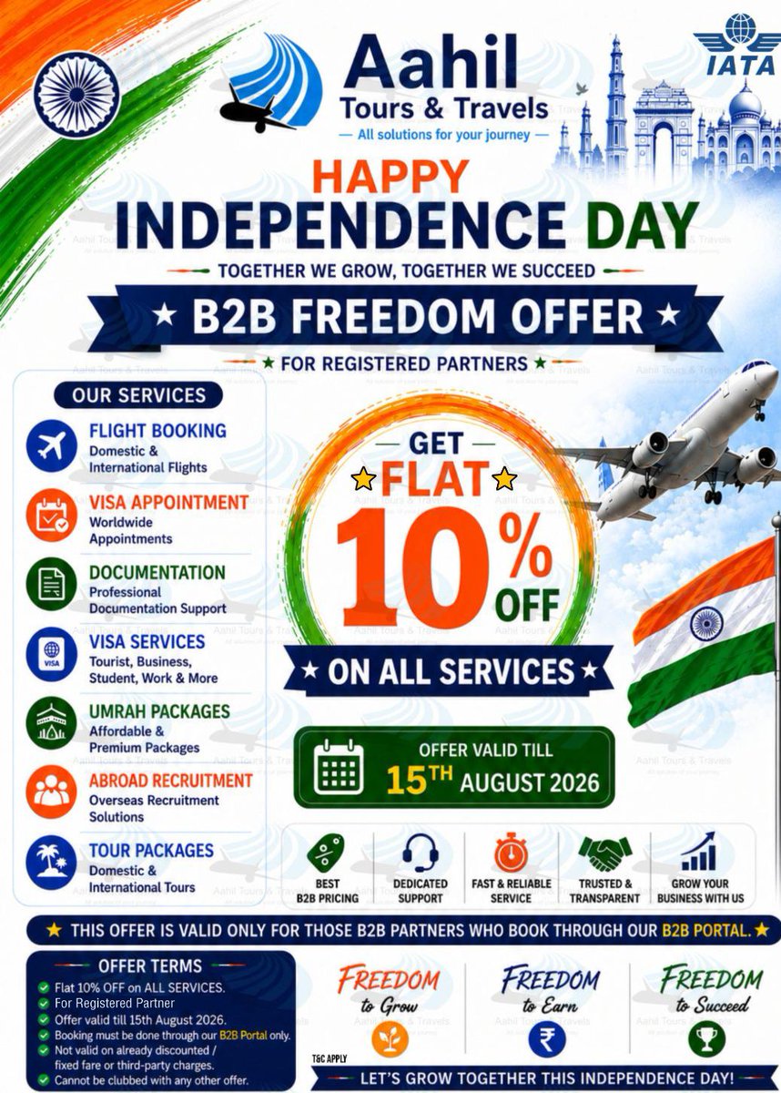 aahiltours's tweet photo. Celebrate Independence Day with our exclusive B2B Freedom Offer! 🇮🇳 Registered partners get Flat 10% OFF on all services booked through our B2B Portal. Offer valid till 15 August 2026. Grow your business with trusted travel solutions.  
+91-8368803077 | +91-9580828826 https://t.co/Kxry1MrU4g