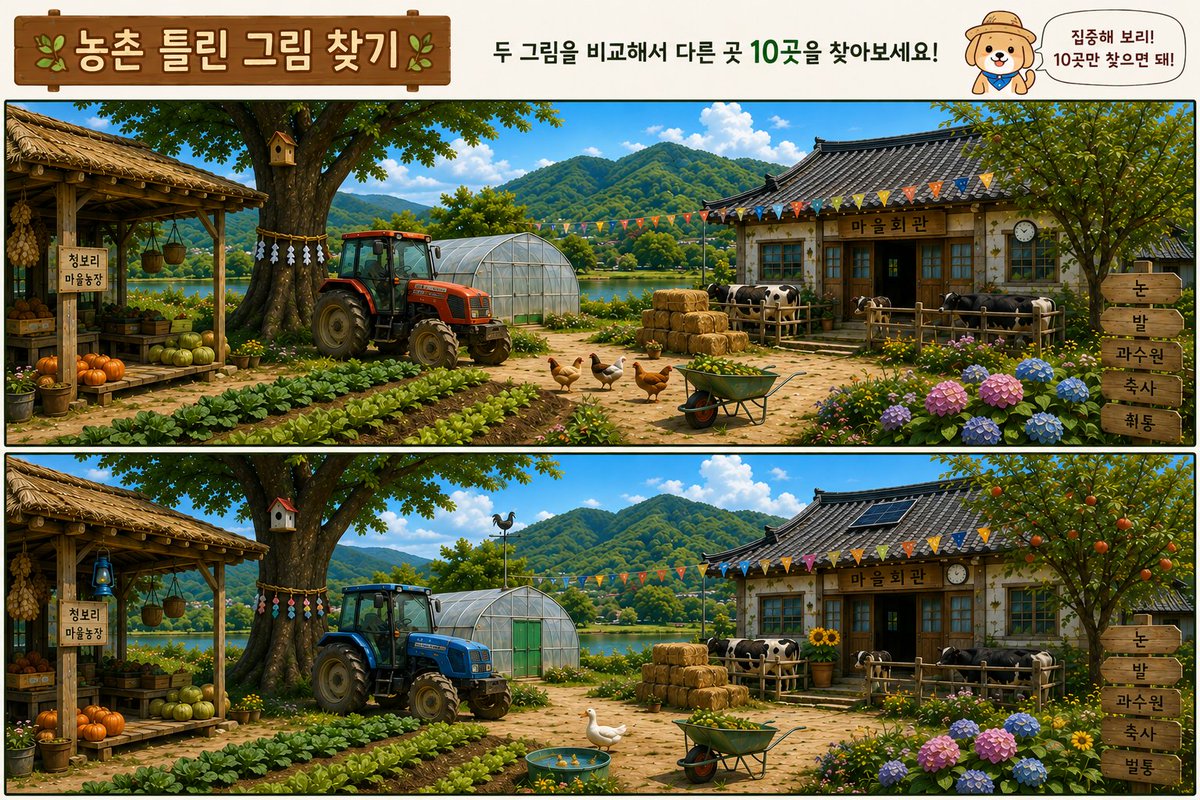 Cheongbori_rr's tweet photo. 🌾 [농촌 주민용] 청보리마을 품평회 EVENT

🔍 농촌 주민 틀린 그림 찾기

농촌 주민들을 위한 틀린 그림 찾기!
두 그림을 비교해서 다른 곳 10개를 찾아봐.

📌 참여 방법

① 두 그림을 비교해 다른 곳 10개를 찾는다.
② 찾은 곳을 표시한 ⭐️캡처본을 이 게시물 댓글로 올리면 참여 완료!

※ 그림 속 다른 곳은 10개보다 많을 수 있지만, 10곳만 찾으면 정답으로 인정!

🏆 시상

🥇 대상 1명
🥈 최우수상 1명
🥉 우수상 1명

정답을 먼저 올린 순으로 선정!