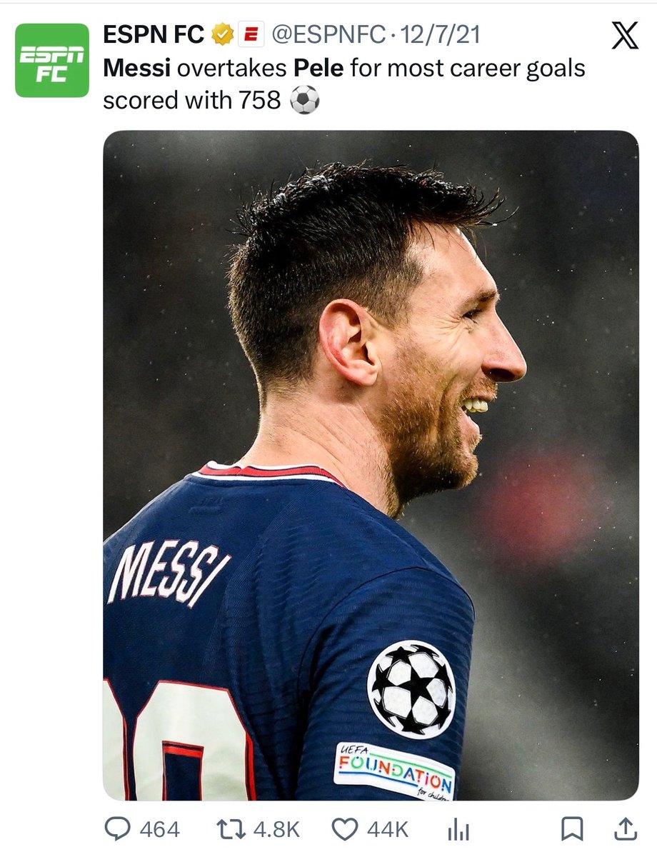 Senyyo's tweet photo. The same media outlet that told us Messi surpassed Pele’s career goal record at 758 now wants to convince us that Pelé has 1,290 goals. 🤣

How did Ronaldo win 5 Ballon d'Ors with the media, FIFA, and the entire system against him? 😳🤯 https://t.co/pso5LgRgpk
