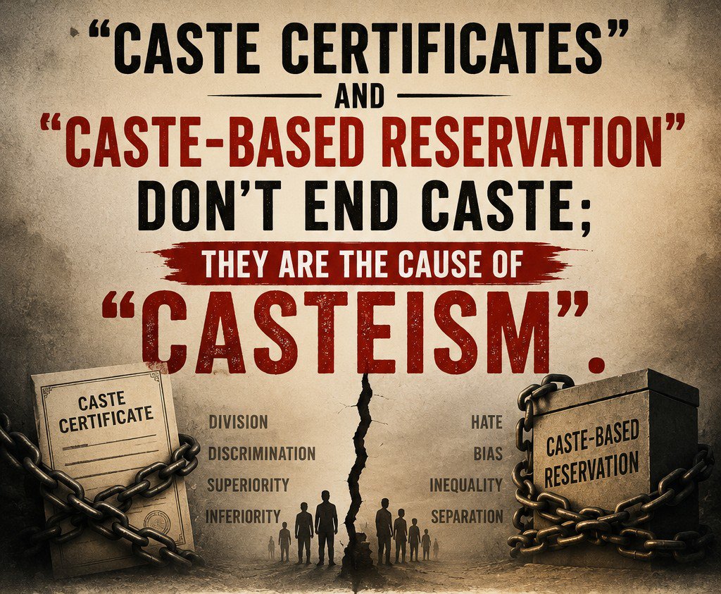 GC_Revolution's tweet photo. Caste certificates and caste-based reservation don't end caste; they are the cause of "casteism". 

 If we had enforced the removal of caste 75 years ago, we wouldn't be living in such a casteist society today. 🙏🙏 https://t.co/Djg26D4UkI