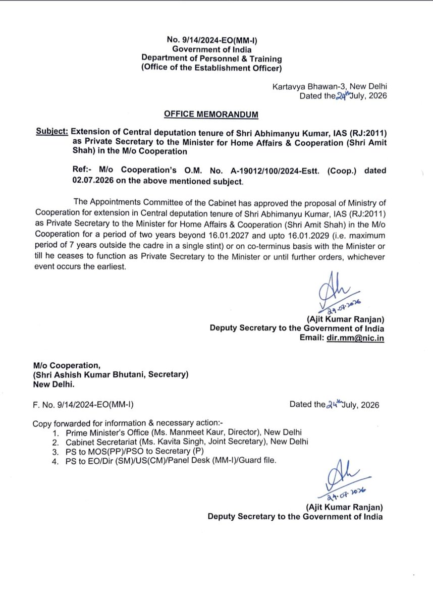 GreaterKashmir's tweet photo. Abhimanyu Kumar, who is serving as Private Secretary to Amit Shah, has been granted an extension in his central deputation tenure https://t.co/FVqL0fHjtY
