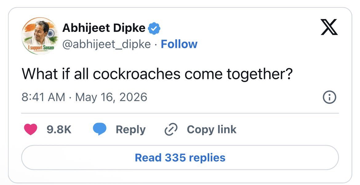 MSharifAnj's tweet photo. A single joke tweet turned into movement. 

30-year-old Abhijeet Dipke’s what if all cockroaches come together? post sparked the Cockroach Janta Party, now face of tens of thousands protesting in Delhi against India’s education minister over exam paper leaks &amp; youth unemployment. https://t.co/gNTbcKIr8x