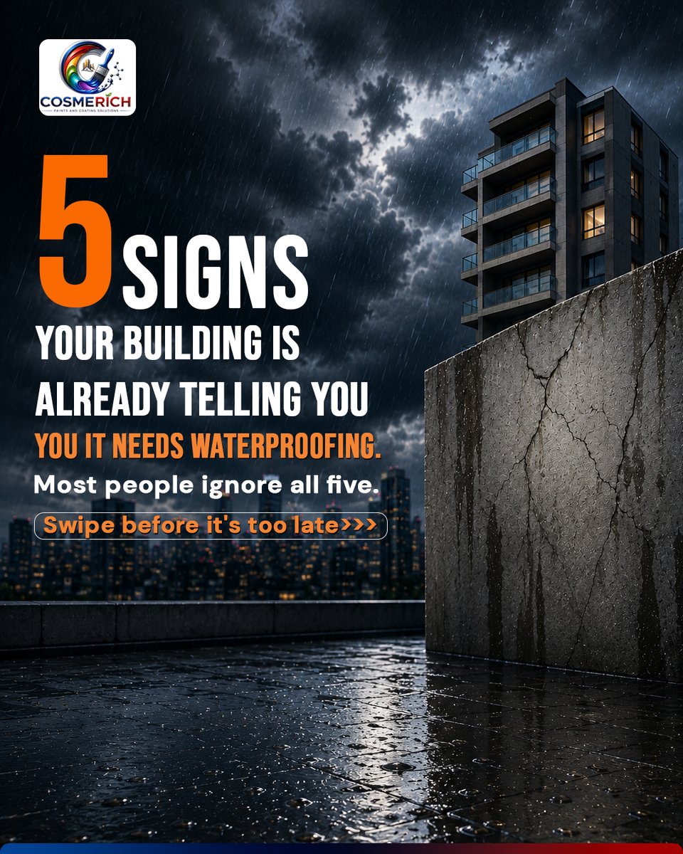 CosmerichSoln's tweet photo. Water damage rarely starts with a leak.
It starts with small warning signs that are easy to ignore hairline cracks, bubbling paint, damp patches, and that persistent musty smell.
#CosmerichPaints #Waterproofing #BuildingProtection #ConstructionSolutions #TerraceWaterproofing https://t.co/sN2FGiUkIx
