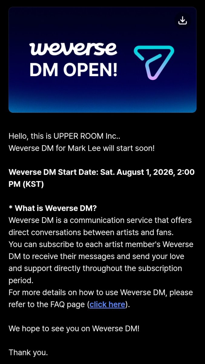 Marklee_base's tweet photo. Weverse DM for #MARK will start on Sat. August 1, 2026, 2:00 PM (KST)

#MarkLee #마크리 https://t.co/3pwMPU6Jq3