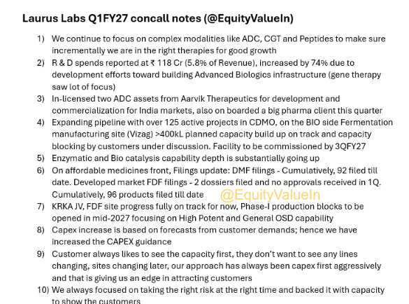 EquityValueIn's tweet photo. Laurus Labs Q1FY27 call notes , my notes from the call concluded yesterday 

This is not reco , no financial advice https://t.co/mlBN17MvKo