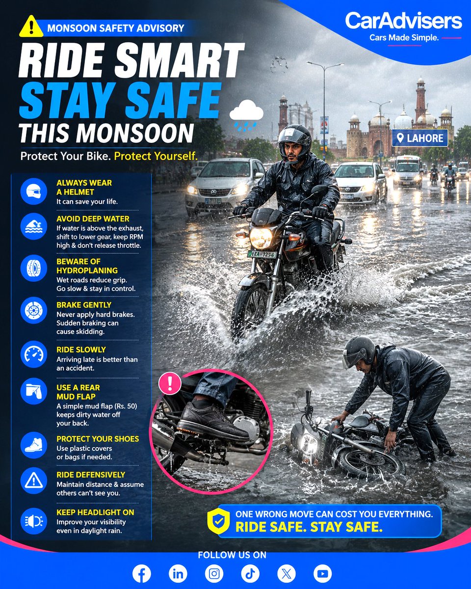 caradviserspak's tweet photo. 🚨🌧️🏍️ BIKE RIDERS! MONSOON SAFETY ADVISORY

One Wrong Move on a Wet Road Can Cost You Everything.

Buy &amp; Sell Bikes on CarAdvisers.

Post a Free Ad Now

𝘊𝘢𝘳𝘈𝘥𝘷𝘪𝘴𝘦𝘳𝘴 — 𝘊𝘢𝘳𝘴 𝘔𝘢𝘥𝘦 𝘚𝘪𝘮𝘱𝘭𝘦.

#CarAdvisers #BikeSafety #MonsoonSafety #MonsoonRiding #RideSafe https://t.co/gQBJQBWbYb