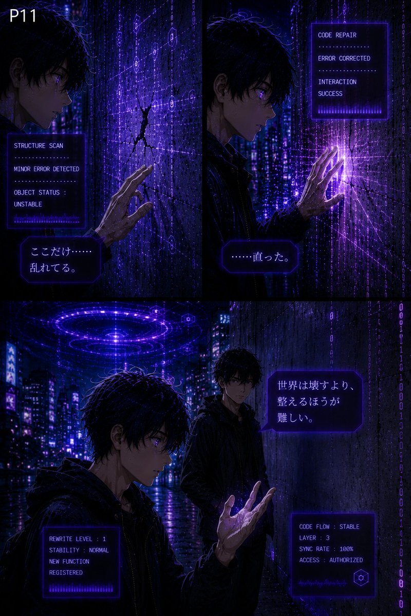 dr_coro111's tweet photo. CODE AWAKENING
第4章:覚醒編
第10話「覚醒」 11 12
#オリジナル漫画 #創作漫画 #SF漫画 #サイバーパンク
#CODEAWAKENING #コードアウェイクニング
#続きが気になる #世界観がすごい
#この世界は何でできている #現実とは何か
#バグった世界 #仮想現実 https://t.co/Odpm0dWKFg