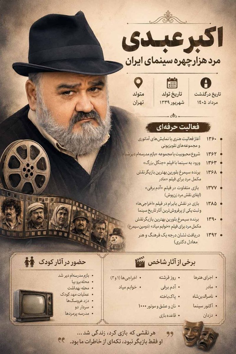 Zohre787330's tweet photo. اکبر عبدی  به برادر شهیدش پیوست روح این هنرمند انقلابی شاد

✏️ هر نقشی که بازی کرد زندگی شد...
او فقط بازیگر نبود تکه‌ای از خاطرات ما بود.

#اکبر_عبدی https://t.co/btrGF5yT95