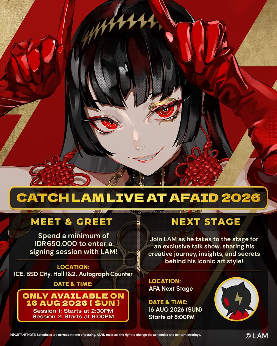 animefestasia's tweet photo. #AFAID26 We are thrilled to welcome LAM @ramdayo1122 , one of Japan's most electrifying illustrators, to AFA Indonesia 2026!

🎟️ Your AFAID26 Festival Ticket unlocks the Exhibition + NEXT STAGE, from only IDR 100K per day! 

🔗 Get your tickets now: https://t.co/PZCIR7nWBQ https://t.co/slJSxbpHNR