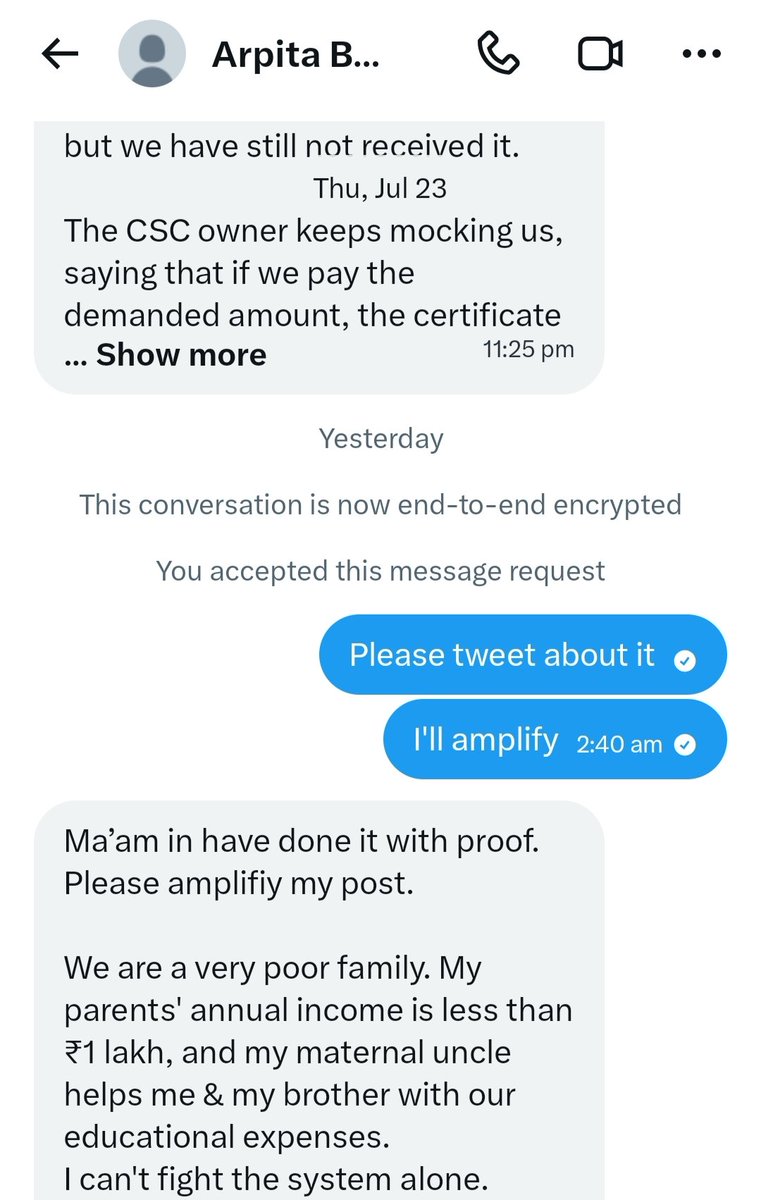 DeepikaBhardwaj's tweet photo. Arpita messaged me on 23 July 11PM

I responded to her while clearing my DMs on 24 July at 2:40AM

25 July 8:30AM her certificate is issued

This is power of social media, very kind officers like @arunbothra sir &amp; all of you who help me help others

ALL THE BEST @Arpitambiswal https://t.co/iXrSDzmZKW
