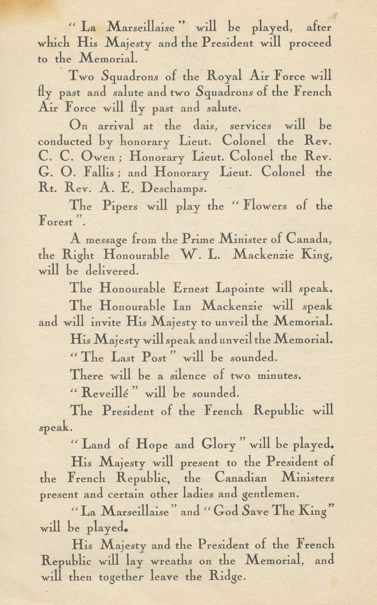 CanMilPostcards's tweet photo. 90 years ago today, veterans, families and a King gathered at Vimy Ridge to dedicate a monument to Canada's missing in France. This program contains the lovely phrase "His Majesty will move among the Pilgrims." #OTD #WWI #Canada @RoyalCdnLegion https://t.co/rhKzaHPoeq