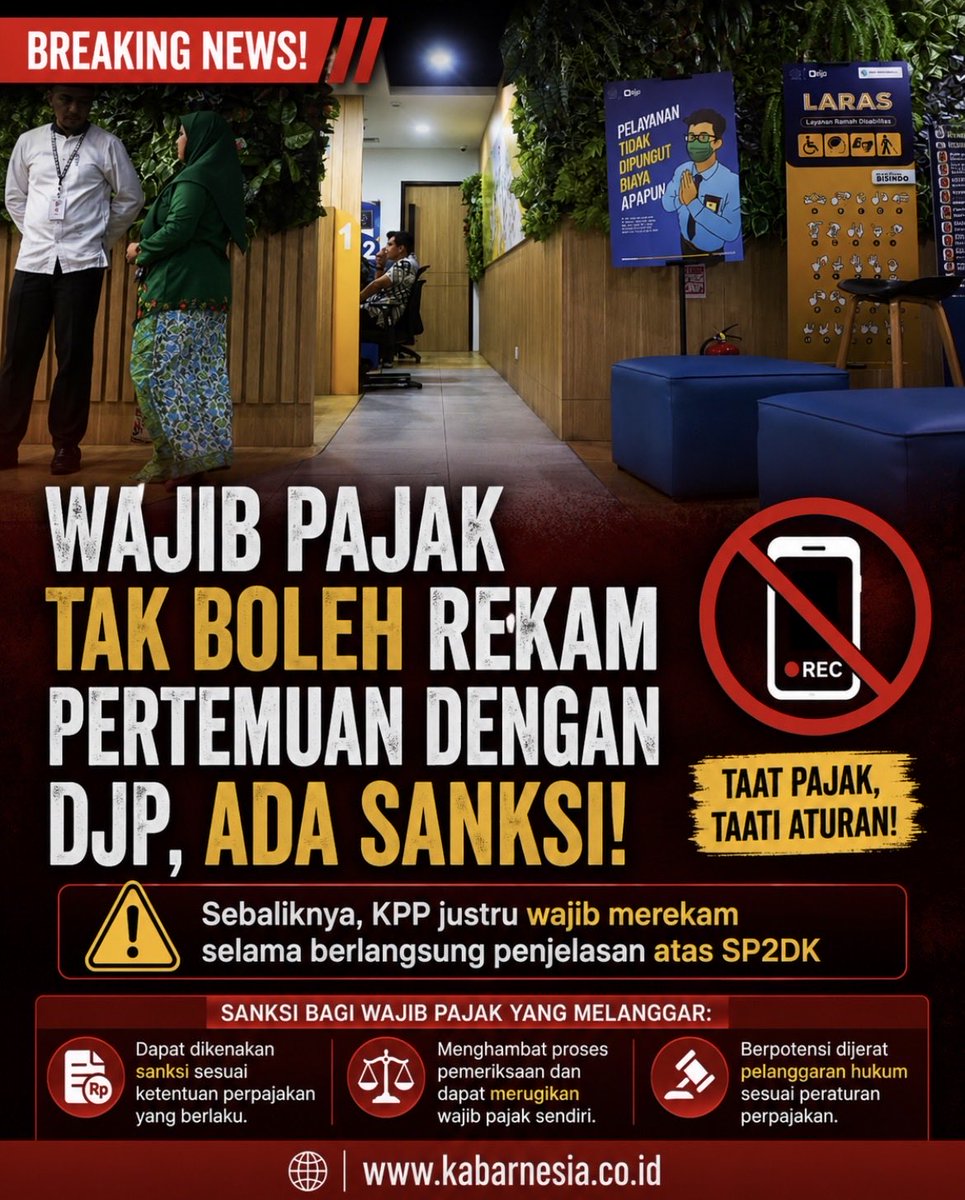 kabarnesiacom's tweet photo. 🤔 Wajib pajak tak boleh rekam petugas, tapi DJP bisa rekam wajib pajak?

Adil… atau perlu dievaluasi? 👀

#Pajak #DJP https://t.co/IxcfUnFqCo