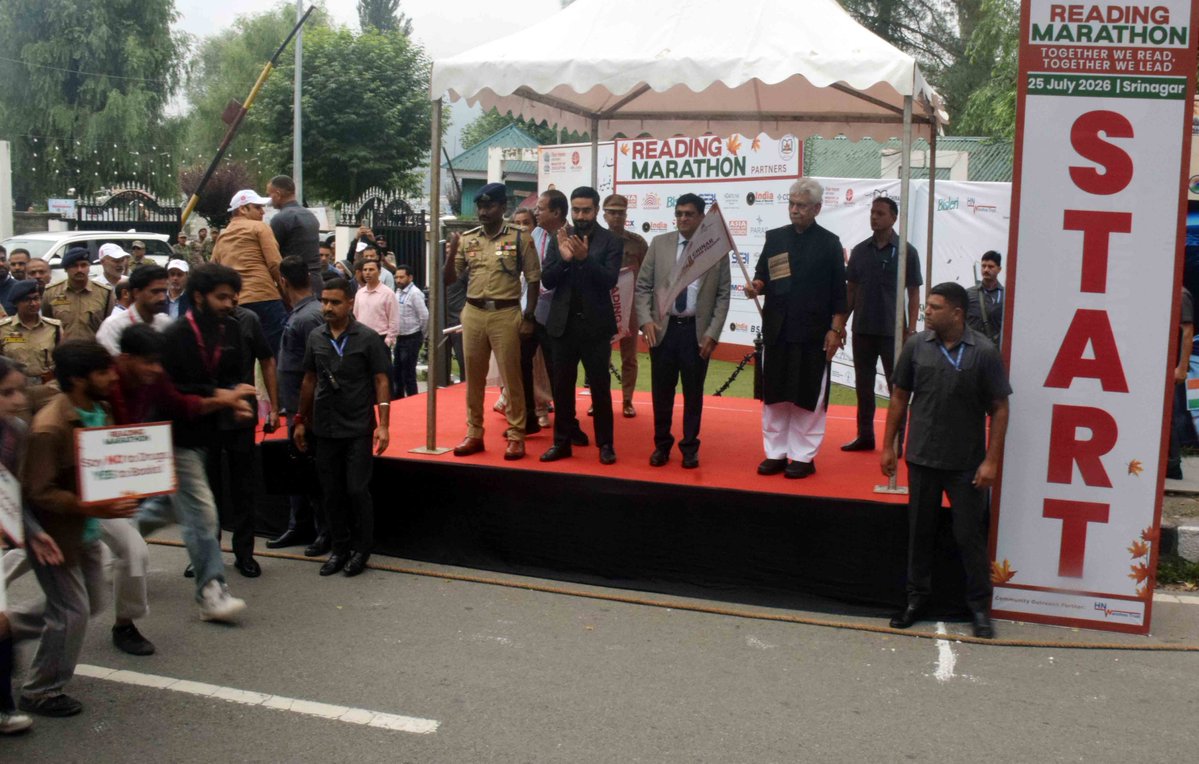 KashmirLife's tweet photo. Lieutenant Governor #ManojSinha flags off the #ReadingMarathon at SKICC, #Srinagar, launching a literary campaign to foster reading habits among students and promote a culture of lifelong learning. See photos by Bilal Bahadur #KashmirLife https://t.co/X5S66qtipG