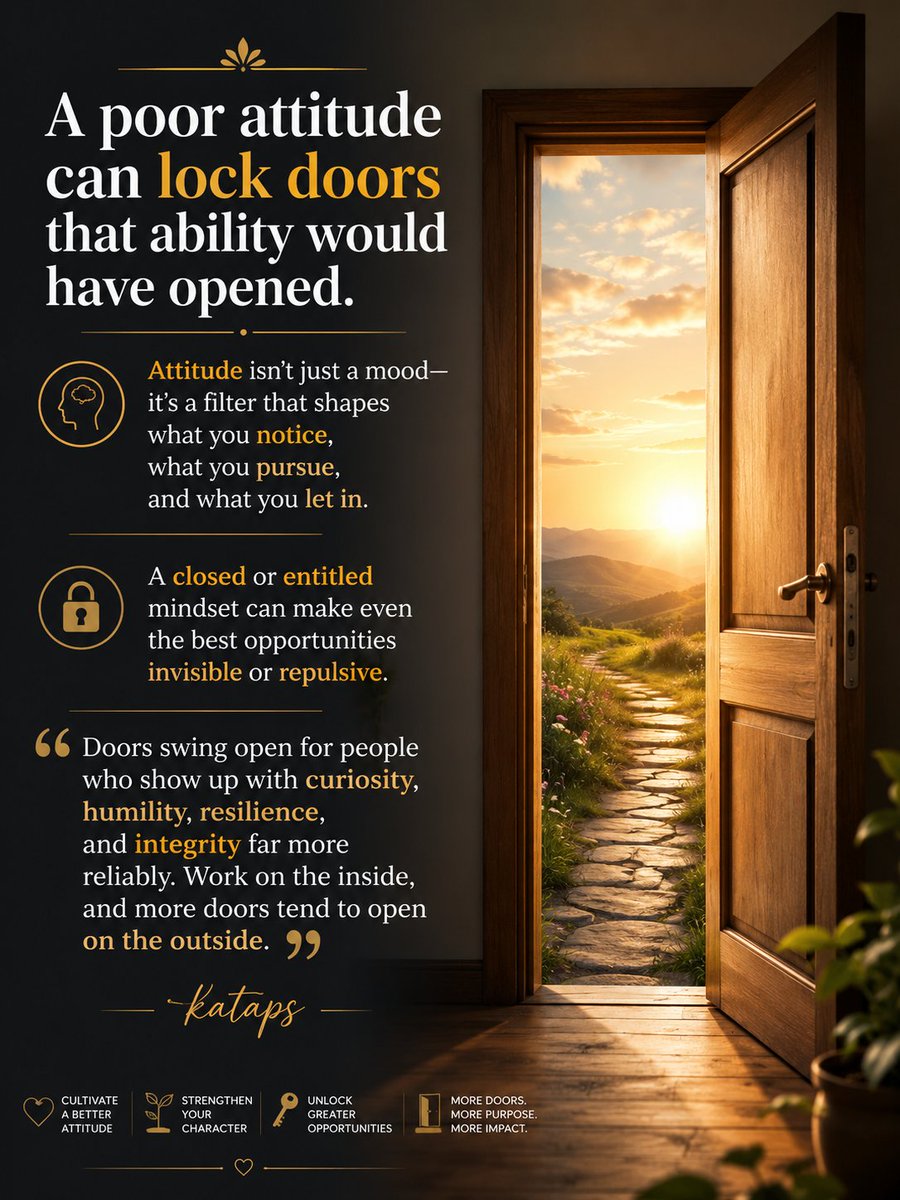 kataps_29's tweet photo. *Some opportunities never return because your attitude closed the door. -kataps* 

Some opportunities never return—not because they disappeared, but because your attitude closed the door. Character often opens the doors that talent alone cannot. https://t.co/xgk1W8PTtQ