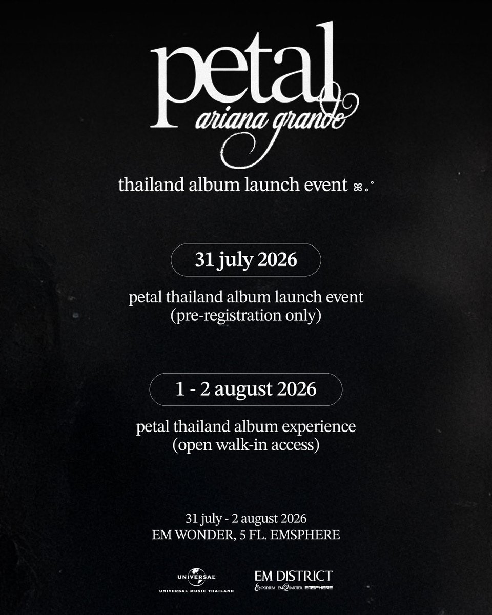 newsscalaa's tweet photo. สิ้นสุดการรอคอย! ร่วมเป็น 100 ผู้โชคดี ฉลองอัลบั้มใหม่ petal ครั้งแรกในประเทศไทยในงาน ariana grande – petal thailand album launch event วันที่ 31 ก.ค. นี้ ที่ EMSPHERE

#petalTH #ArianaGrande #UniversalMusicTH

อ่านข่าวเพิ่มเติมได้ที่ : https://t.co/wPKSySRbqS https://t.co/AnExsdk1Yh