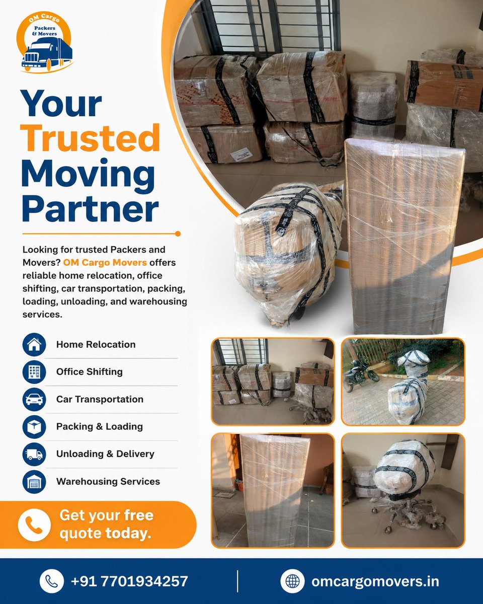 omcargomovers's tweet photo. Your Trusted Moving Partner

Looking for trusted Packers and Movers? OM Cargo Movers offers reliable home relocation, office shifting, car transportation, packing, loading, unloading, and warehousing services.

Get a free quote today!
📞 +91 7701934257
🌐 https://t.co/1ztyNhOL1h https://t.co/5BRKWAnQAR
