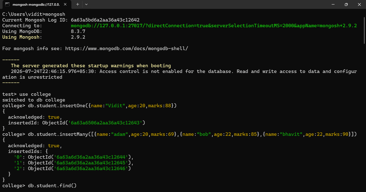 PandeyViditz's tweet photo. 🚀 Day 31/100 #100DaysOfCode
Started my MongoDB journey today!
Learned &amp; practiced:
• mongosh
• BSON
• Documents &amp; Collections
• insert()
• find()
• Query Operators
• Nested Documents
• delete()
• CRUD Operations

#MongoDB #MERN #WebDev #Backend #JavaScript #Coding https://t.co/nY2J4LSjDT