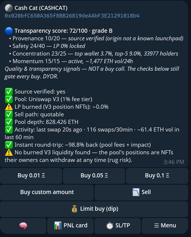 ChirpTradeApp's tweet photo. Introducing Transparency Scores for token analysis.

Every token report opens with a transparency score (0–100 and an A–D grade) that sums it all up — a quality signal, never a buy call. https://t.co/yAYTGmSRxe