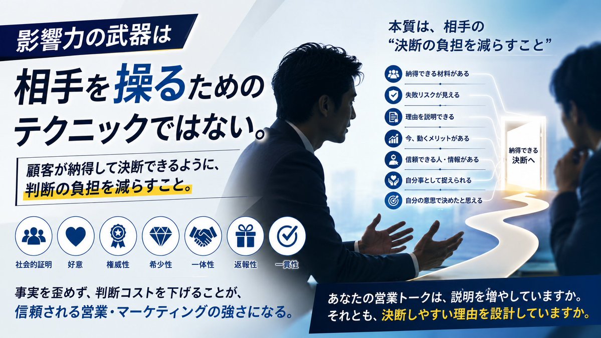 Take_workstyle's tweet photo. 「影響力の武器」を、顧客を操る心理テクニックだと思っている営業は危険です。

本質は、相手を思い通りに動かすことではありません。

顧客が納得して決断できるように、判断の負担を減らすことです。

商談で「検討します」と言われると、多くの営業は説明を増やします。

機能を語る。
資料を追加する。
導入メリットを並べる。

しかし、顧客が止まっている理由は、情報不足ではないことが多い。

「選んで失敗したくない」
「社内で説明できる自信がない」
「今決める理由が見つからない」

つまり、決断に伴う認知負荷が高すぎるのです。

そこで機能するのが「影響力の武器」です。

・同業他社の導入事例を示す＝社会的証明
・相手の反論を一度受け止める＝好意
・専門家や客観データを引用する＝権威性
・今動かない損失を事実で示す＝希少性
・同じ課題を持つ立場として語る＝一体性
・先に有益な情報を渡す＝返報性
・顧客自身に「解決したい」と言語化してもらう＝一貫性

たとえばインサイドセールスなら、こう変わります。

「一度お打ち合わせしませんか？」
ではなく、

「同業3社では、商談化率が落ちた原因を“架電数”ではなく“初回接触の設計”に特定しました。御社でも似た状況が起きていないか、15分だけ一緒に確認しませんか？」

押しているのではありません。

“会う理由”を、顧客が社内でも説明できる形にしているのです。

私が考える強い営業・マーケティングは、心理トリガーを乱用しません。

事実を歪めず、顧客の判断コストを下げ、より良い決断を支援する。

それが、短期の受注と長期の信頼を両立させる設計です。

あなたの営業トークは、説明を増やしていますか。
それとも、決断しやすい理由を設計していますか。