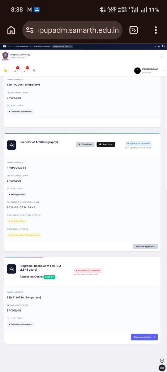 Nikkukumar96's tweet photo. Dear Sir/My name is Prinsh Kumar. I have applied for the B.A. LLB (5 years) course on the PPU admission portal.I successfully completed my application fee payment of ₹1,500 via PhonePe on 24 July 2026. The amount has been deducted from my bank account, but my dmissions not . https://t.co/PCBnvjvMvt