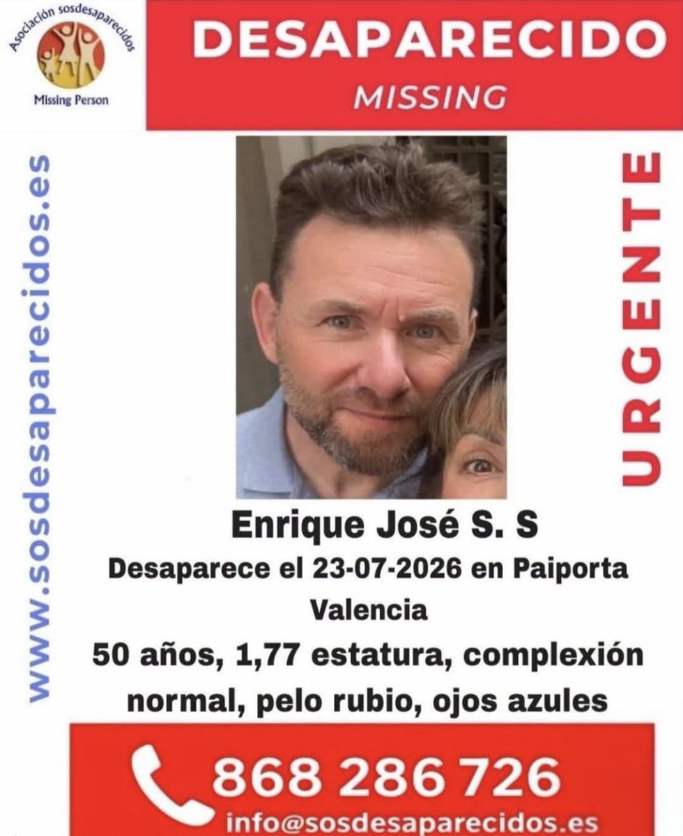 pedrinmatita1's tweet photo. 🚨Solicitamos la máxima colaboración y ayuda para localizar a

💥Enrique, varón, 50 años, 1’77 m, complexión normal, rubio, ojos azules💥

Desapareció el 🗓️23-07-2026 en 📍Paiporta (Valencia). 

⚠️Cualquier información es de gran utilidad.

@sosdesaparecido https://t.co/LhPV2uaeSL