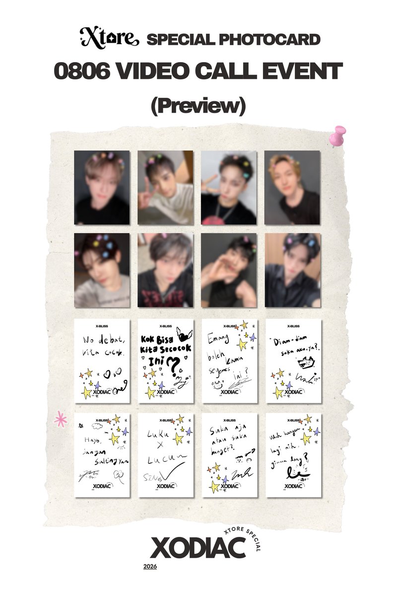 Xtoreofficial's tweet photo. [📣] XODIAC SPECIAL PHOTO CARD SET 발매 인도네시아 1:1 영상통화 팬사인회

💌 PHOTOCARD PREVIEW 💌

📆 진행 일시 : 2026.08.06 (목) 20:00 (KST)

#소디엑 #XODIAC https://t.co/f5MPD7wH8V
