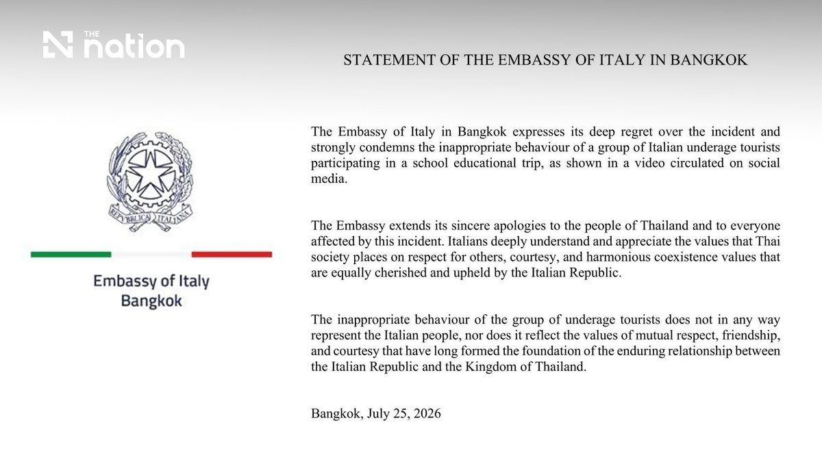 Thenationth's tweet photo. Italian Embassy Issues Apology After Italian Youth Group Sparks Fury on Bangkok Train
#Italy #ItalianStudents #ItalianEmbassy #Bangkok #BTSSkytrain #Viral #DiscourtesyBehaviour #TheNationThailand
Read more : https://t.co/uomXr86Nsy https://t.co/iXIfXPNiTl