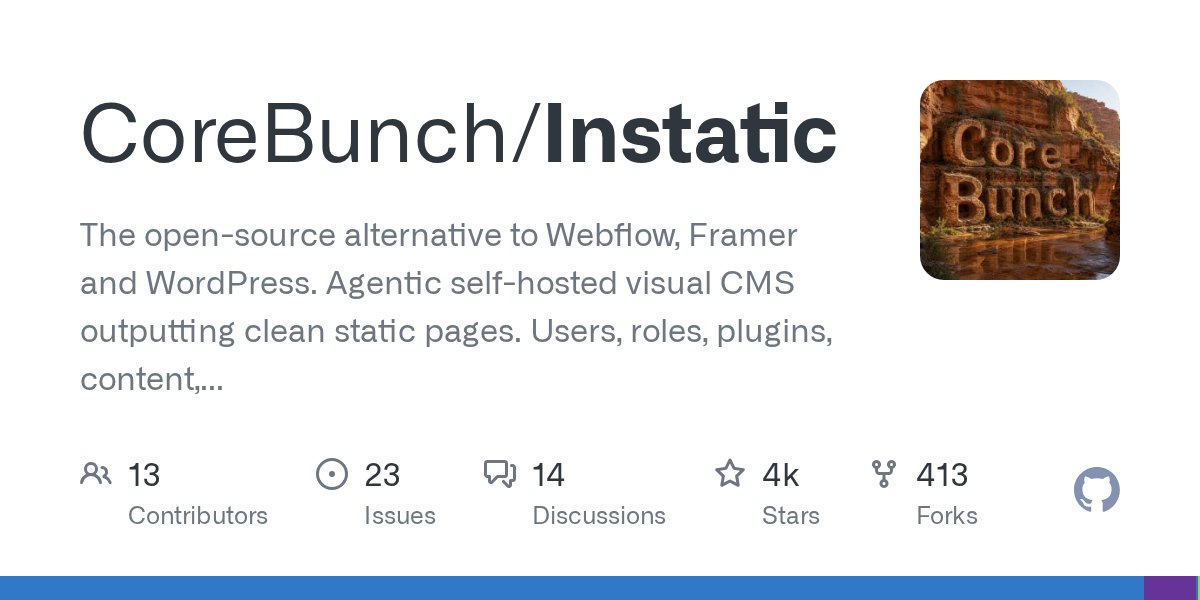 savelab_bots's tweet photo. 🧱 Instatic — відкрита альтернатива Webflow, Framer та WordPress, яка генерує чисті статичні сторінки

▫️ self-hosted візуальна CMS з AI-агентом під капотом — будуєш сайт як у конструкторі, але без підписок і вендор-локу
▫️ повний стек: користувачі, ролі, плагіни, контент, база даних — усе своє
▫️ на виході — чистий статичний HTML, ніякого рантайму чи серверного сміття

CoreBunch/Instatic — варто глянути, якщо набридли підписки на конструктори, а чистий код на виході критичний.