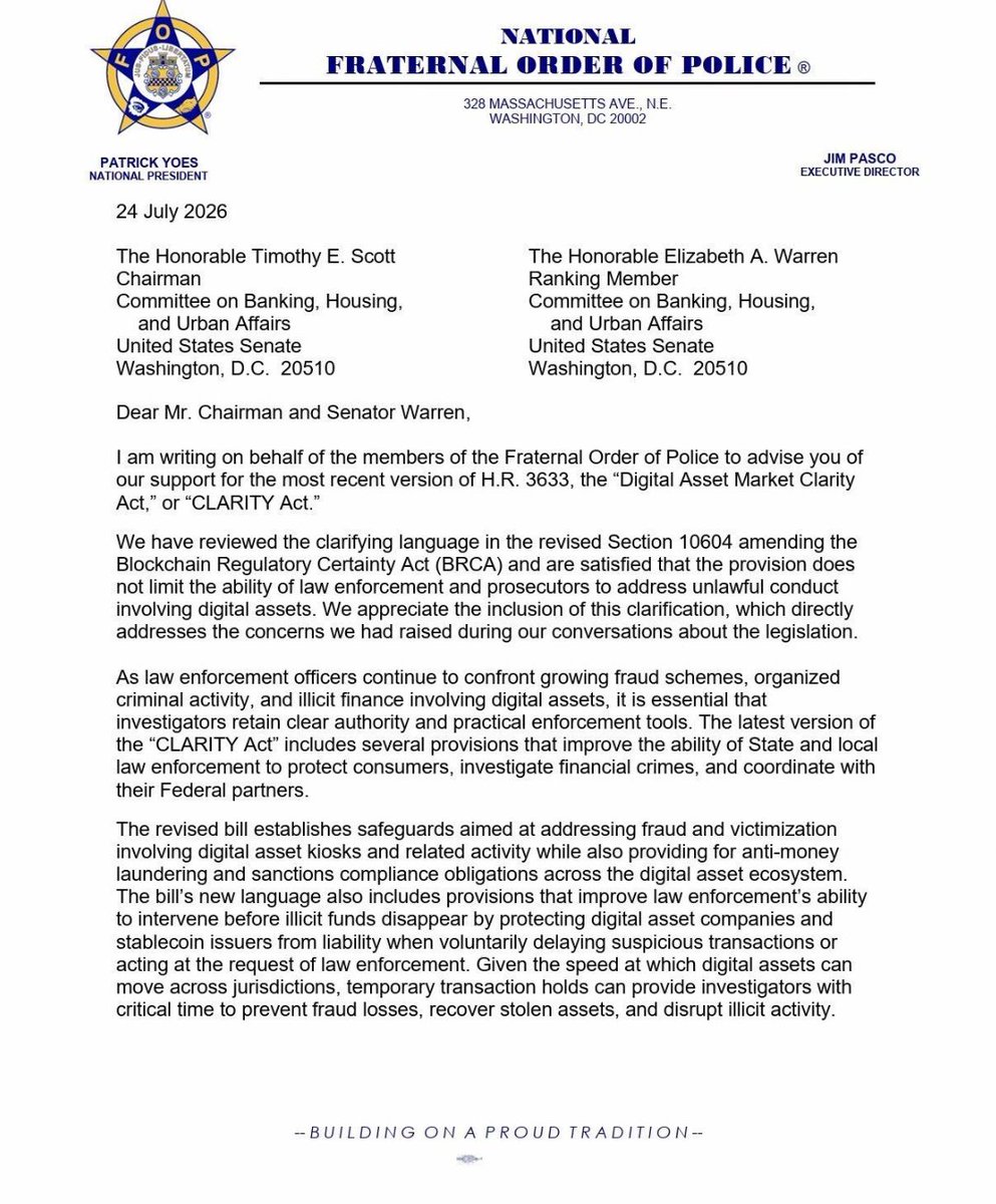 cryptodotnews's tweet photo. NEW: National Fraternal Order of Police backs the amended CLARITY Act https://t.co/zSRi9o4E6Q