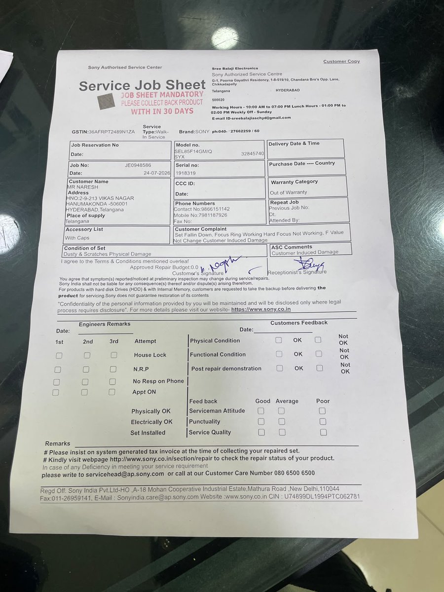 KoreNaresh1308's tweet photo. @sony_india I kindly request Sony to review my case carefully, provide clear evidence if you believe there is physical damage, and honour the warranty if the issue is not caused by customer damage. I hope Sony will resolve this matter fairly and maintain the trust of its customers. https://t.co/Go8tzOQhYN