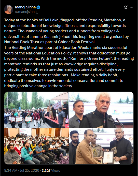 GreaterKashmir's tweet photo. Today at the banks of Dal Lake, flagged-off the Reading Marathon, a unique celebration of knowledge, fitness, and responsibility towards nature. Thousands of young readers and runners from colleges & universities of Jammu Kashmir joined this inspiring event organised by National Book Trust as part of Chinar Book Festival. 
The Reading Marathon, part of Education Week, marks six successful years of the National Education Policy. It shows that education must go beyond classrooms. With the motto “Run for a Green Future”, the reading marathon reminds us that just as knowledge requires discipline, protecting the mother nature demands sustained effort. I urge every participant to take three resolutions- Make reading a daily habit, dedicate themselves to environmental conservation and commit to bringing positive change in the society: @manojsinha_