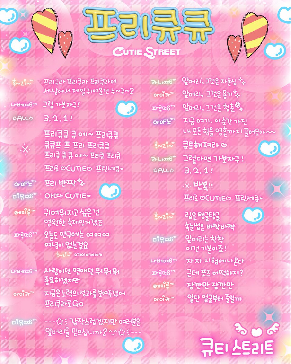 CUTIE_STREET_'s tweet photo. 🎀🎉Korean ver Line distribution🎉🎀

6/6(Sat)0:00 Release
#CUTIESTREET Digital Single

『프리큐큐（#ぷりきゅきゅ）Korean ver』

한국어 버전의 파트 배분을 공개💗

🔗https://t.co/3NBvrj8Lrg

#原宿から世界へ
💛후루사와 리사
💜마나베 나기사
💙마스다 아야노
🩵우메다 미유
🧡카와모토 에미루
🩷사쿠라바 하루카
❤️사노 아이카
💚이타쿠라 카나

▼Music Video🎬
https://t.co/joL0MJUWfH

Lyrics/Compose/Arrange：YUPPA
Korean Lyrics: Junghun, Yoogyeong, NICE73
Choreography：Erinacchi

#큐스토
#きゅーすと