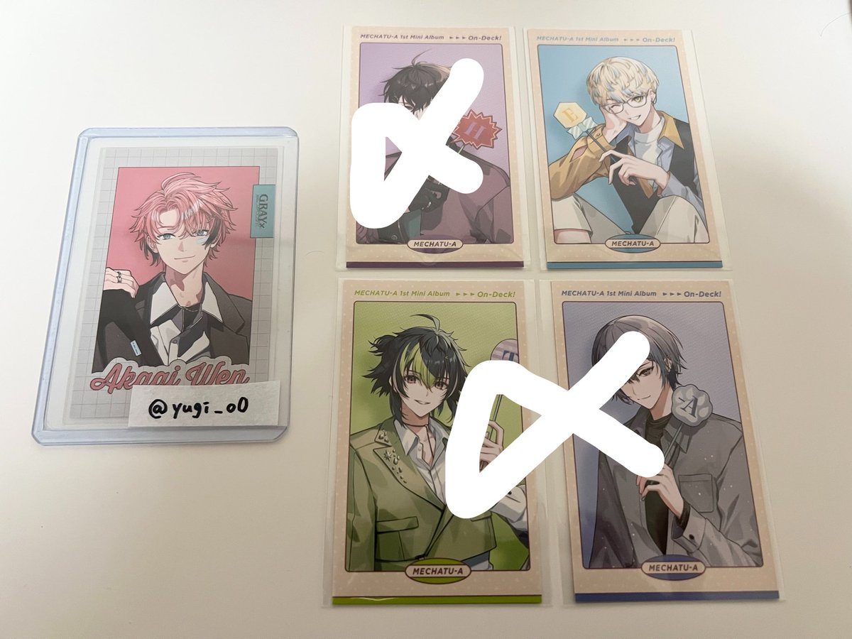 yugi_o0's tweet photo. にじさんじ MECHATU-A 1st Mini Album  On-Deck! ランダムフォトカード フォトカ 封入特典 交換

譲)画像の方、タワレコ特典×4

求)同種IDの方または未使用シリアルコード

郵送のみ
特典は複数提供可

特典はまだ手元にないため、お取引に少々お時間いただきます。
お気軽にお声掛けください。 https://t.co/3SgQa49VEJ