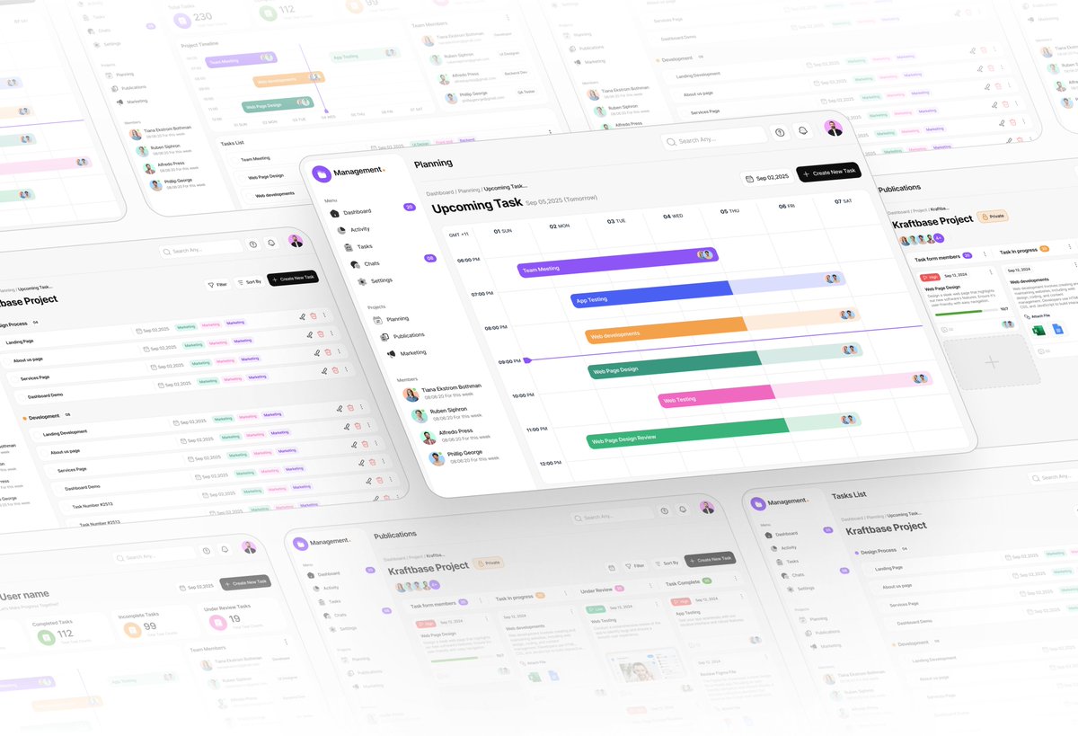 aligulshan705's tweet photo. From planning to timelines to team tracking — designed a complete PM dashboard for Kraftbase. 🗂️⚡

#UIDesign #ProductDesign https://t.co/yNvy9yjq2y