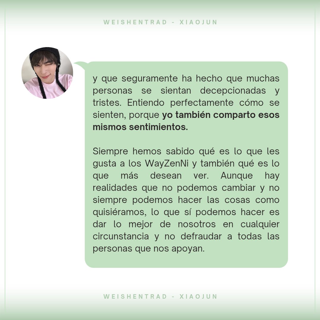 weishentrad's tweet photo. Mensaje de XJ en 🫧 sobre el cb y tour de wyv.

Siempre es importante, pero ahora más que nunca demostremos nuestro apoyo y amor por WayV. Vamos a darlo todo en este comeback para apoyarlos https://t.co/0AcqRck5O0