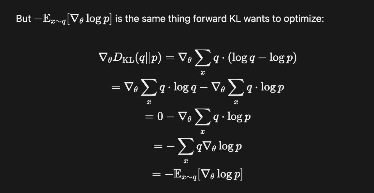 HeMuyu0327's tweet photo. I found it to be lesser known that the standard definitions of KL estimator in RL losses produce the wrong gradients for expected KL. 

For example, I stumbled upon the discovery that while the k3 estimator (used in DeepSeek series) is an unbiased estimate for the value of expected reverse KL, its gradient is incorrect for the gradient of KL. It's worse: the gradient is actually an unbiased estimate for the gradient of expected forward KL. So k3 estimator as is defined does the opposite of what it tries to do (p1-2).

Then I went deeper into this rabbit hole, after my colleague recommended this paper: https://t.co/6nf3NEG7od. I find two addition things adopted by verl and prob some tech reports that don't make sense:

- that the original k1 estimator, which is just the raw log ratio, produces a gradient of an expectation of 0: essentially it is trying to optimizing nothing (p3).

- that the sequence-level KL, while its value is correctly the sum of all token-level KL, does not have its gradient as the sum of all token-level KL gradients (p4). 

I had a great time reading this fascinating paper because it shows how the correct token and sequence KL losses should be defined to yield the right expected gradients. I put my full derivation in a blog because I had fun working out every step: https://t.co/H0bmdHALYc

The coolest thing when deriving the gradient-correct sequence-KL estimator is: although the loss term (and the gradient) as is written is computationally heavily, there are one mathematical trick and one computational trick to make the complexity much lower. One is to find an unbiased, lower-variance formulation; the other is to compute the key sum-of-log-ratio term with .cumsum so the whole thing becomes easy.

I also find that there is an optional path in verl which does something that kinda of makes sense: there is a 'k3+' estimator that does forward in k3 and backward in k2 (0.5 * log_ratio^2). k2 is biased as an estimator of token-KL value but its gradient checks out to be unbiased as an estimator of token-KL gradient. So this is a way to get the right gradient with backward and the right monitoring signal with forward, using the k2 - k2.detach() + k3.detach() trick.