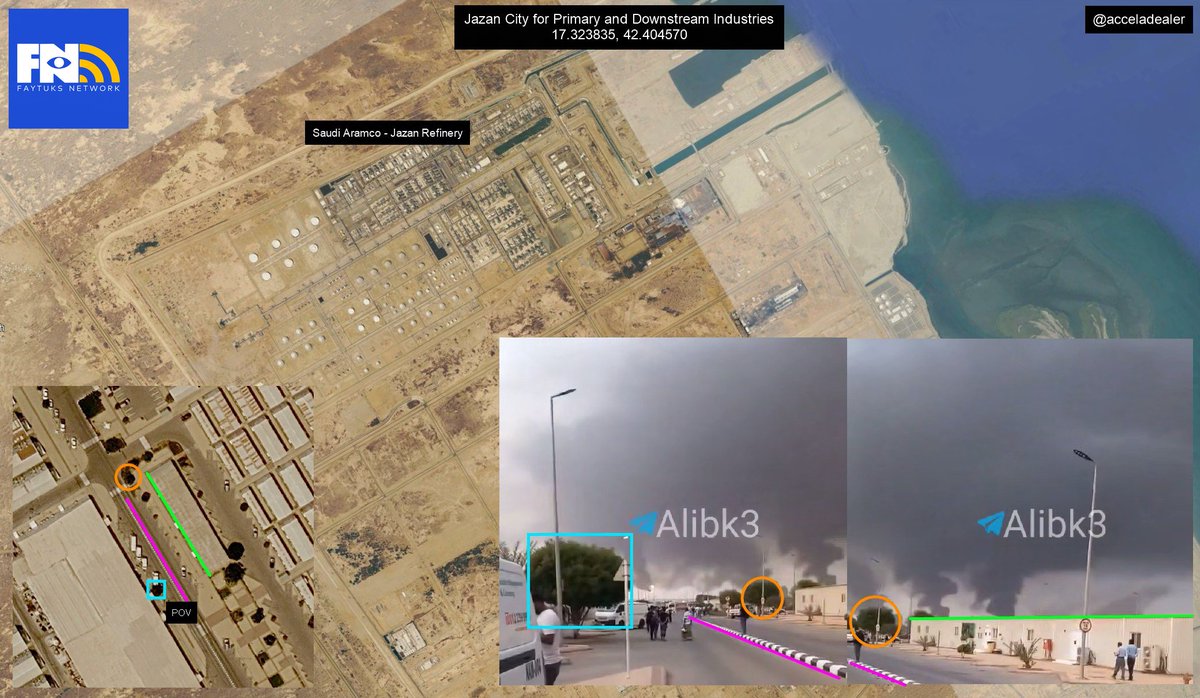 Multiple large plumes of smoke seen from the direction of Saudi Aramco Jazan Refinery in Jazan City for Primary and Downstream Industries, Saudi Arabia POV: 17.323835, 42.404570 @GeoConfirmed @FaytuksNetwork @EpicFuryMap geolocated by @acceladealer