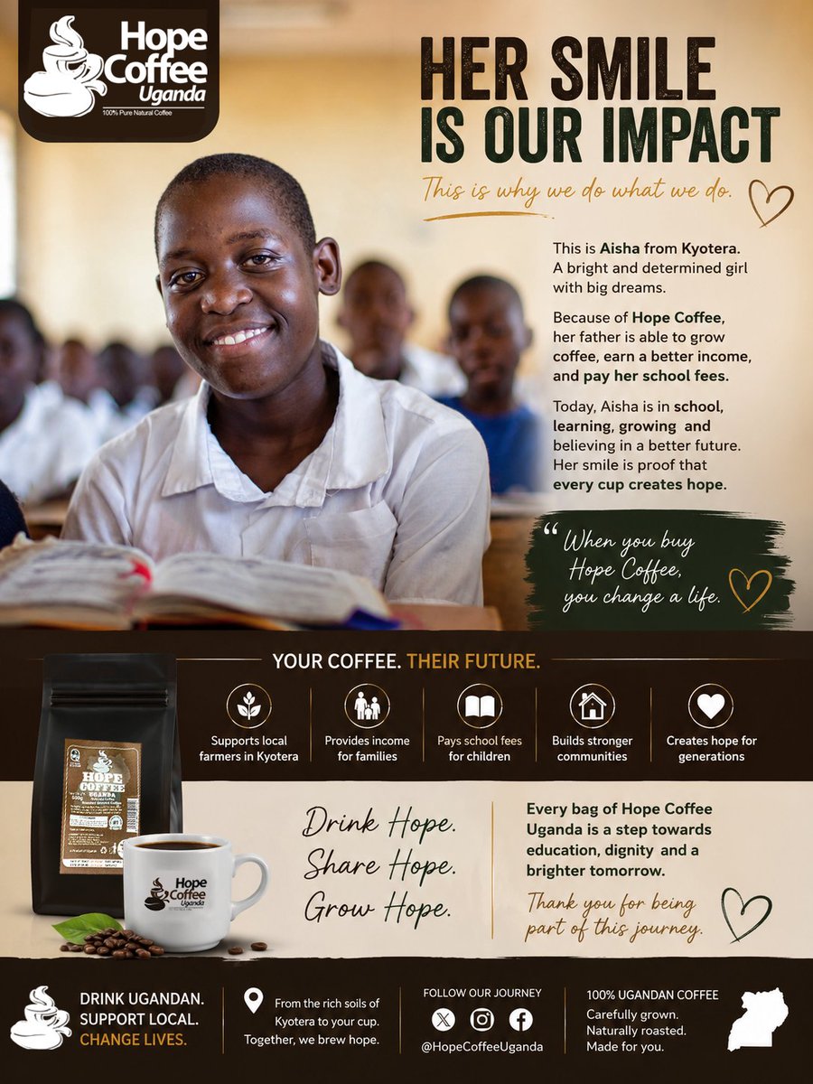 HopeCoffeeUg's tweet photo. Every smile has a story.
This smile is possible because Hope Coffee is changing lives in Kyotera. Every bag of Hope Coffee helps keep children in school, supports hardworking farming families, and creates brighter futures.
#HopeCoffeeUganda #CoffeeWithPurpose   #EveryCupCounts https://t.co/wqQ8whr5fG