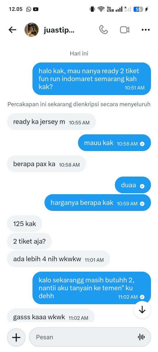 tiskandin's tweet photo. !!! PENIPUAN TIKET INDOMARET FUN RUN SEMARANG !!! 

Hati-hati guys kalo mau beli di akun @juastipmy 

Ini bukti screenshot nya, silahkan dibaca kalo bisa akun nya report. Hati-hati yaa apalagi dia open jastip tiket konser gitu. https://t.co/eHxMFABfzo