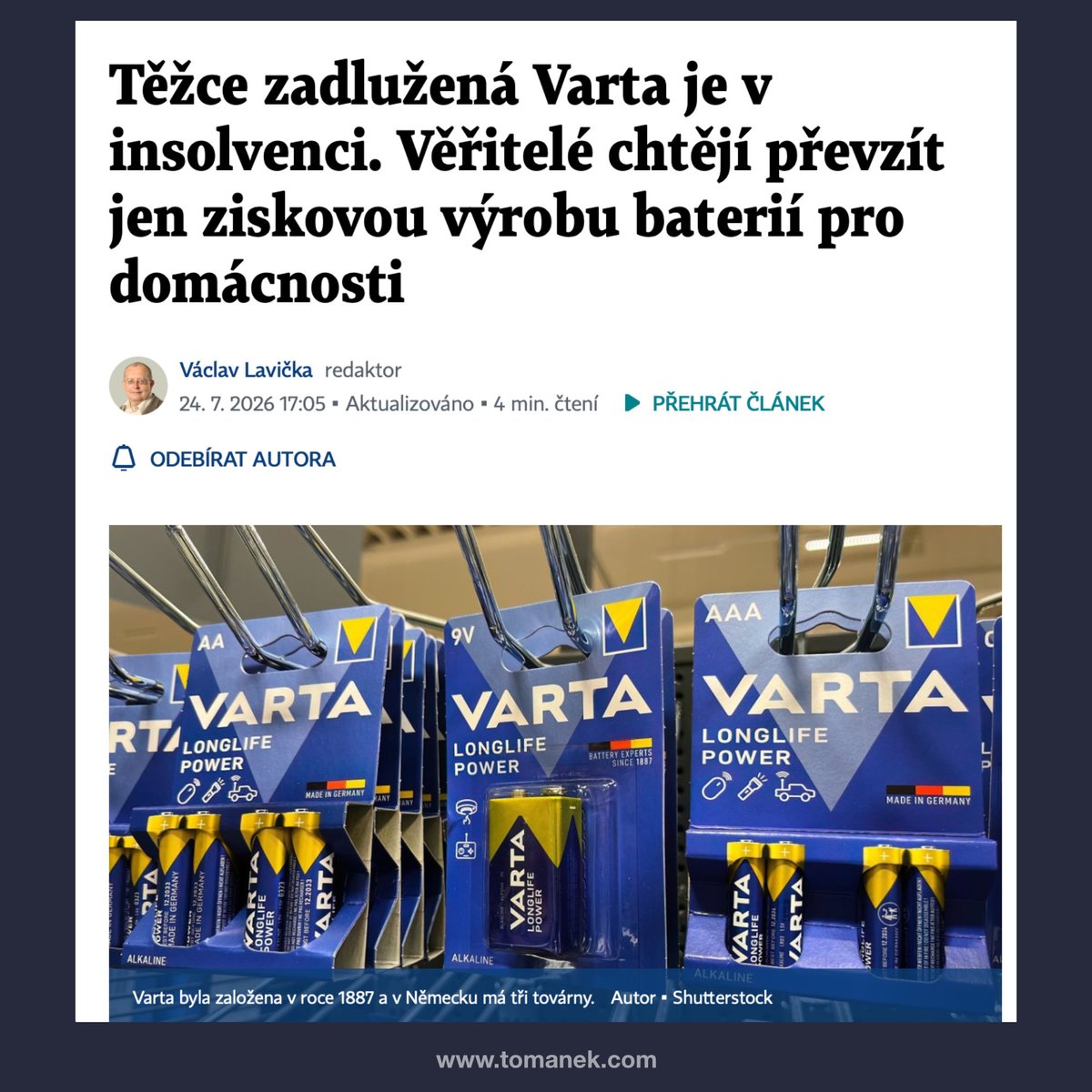 TomanekJan's tweet photo. Přemýšlím, kde Green dealoví soudruzi mohli udělat chybu, když se jim podařilo zničit i továrnu na baterie s 140 letou historií...?
Baterie! Co už může být větší memento, než si svou politikou zničit i to, na čem je celý ten Green deal podvod postavený? 🤔 https://t.co/val9JIkdGj