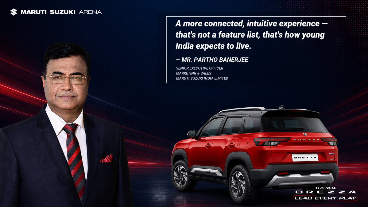 MSArenaOfficial's tweet photo. The wait is over. The New Brezza is here to Lead Every Play. Mr. Partho Banerjee, Senior Executive Officer, Marketing & Sales, Maruti Suzuki India Limited, reveals the performance, technology & attitude built into the launch.
#NewBrezza #LeadEveryPlay #MSArenaOfficial #PlayfulSUV https://t.co/FLZR60TPFe