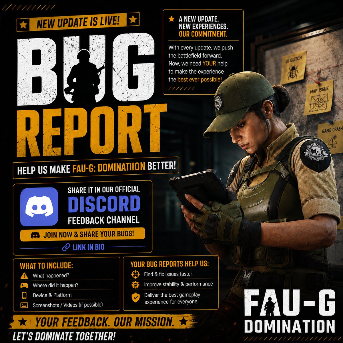 FAUGDomination's tweet photo. We'd like to make your gaming experience as smooth as possible.

Please share any known bugs to our official feedback channel on FAU-G: Domination discord. Link in bio.

#FAUGDomination #BugReport #CommunityFeedback #MadeinIndia https://t.co/PS5H5TcMKV