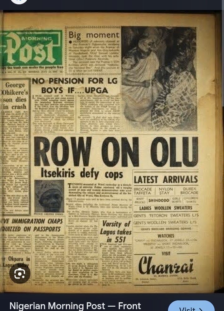 Montero1016's tweet photo. Attached is a Newspaper report in July, 1964 when Itsekiris revolted against the forced transfer of their people to the Newly created Midwest region by Azikwe's NCNC Govt.

The Olu Erejuwa II, a staunch Awoist who rejected Ziks evil plan, was dethroned  & banished to another town. This further enraged the protesters.
    To make matters worse, Zik installed Osadebe, an Ibo man as Premier of Midwest region giving them 2 Premiers out of 4!.

When we say these things, its not hatred but people who fail to learn from history are 100% certain to self destruct gradually. 
@Lord_Of_Warri @Oton_0ritse  @PrinceOfBoaf