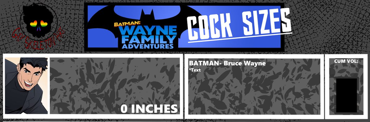 gayskeletonart's tweet photo. Batfam Dick Chart
I am taking donations for the Batfam Dick Chart
https://t.co/3FtJuCfOQX
#NSFW #Batfam https://t.co/I949UYjESj