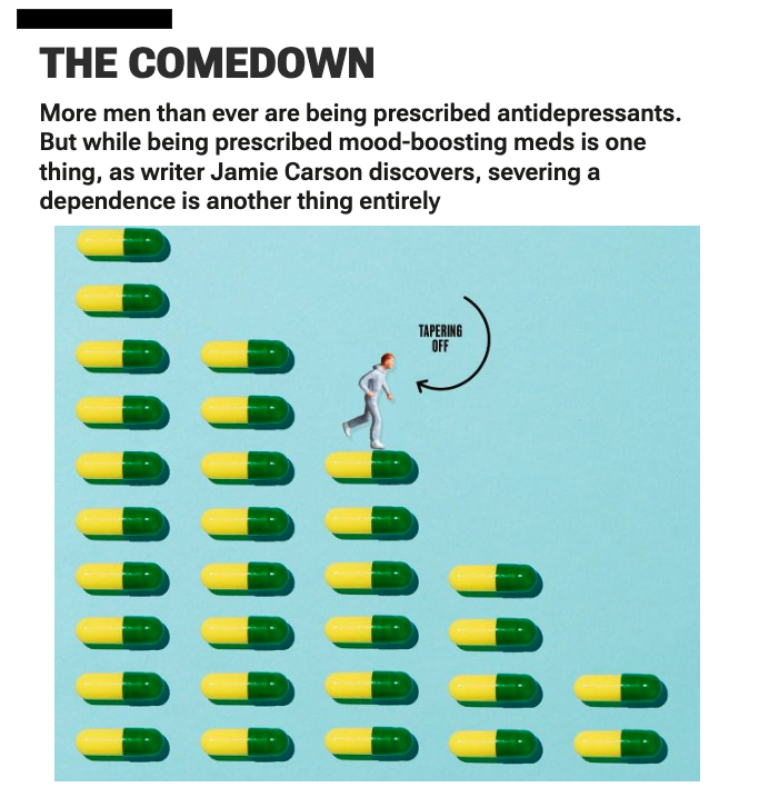 markhoro's tweet photo. "...being prescribed mood-boosting meds is one thing, as writer Jamie Carson discovers, severing a dependence is another thing entirely"

 Good to see physical dependence to antidepressants covered in Men's Health (paywall)

https://t.co/OT2kZnv35K https://t.co/FWkwEbx3kL