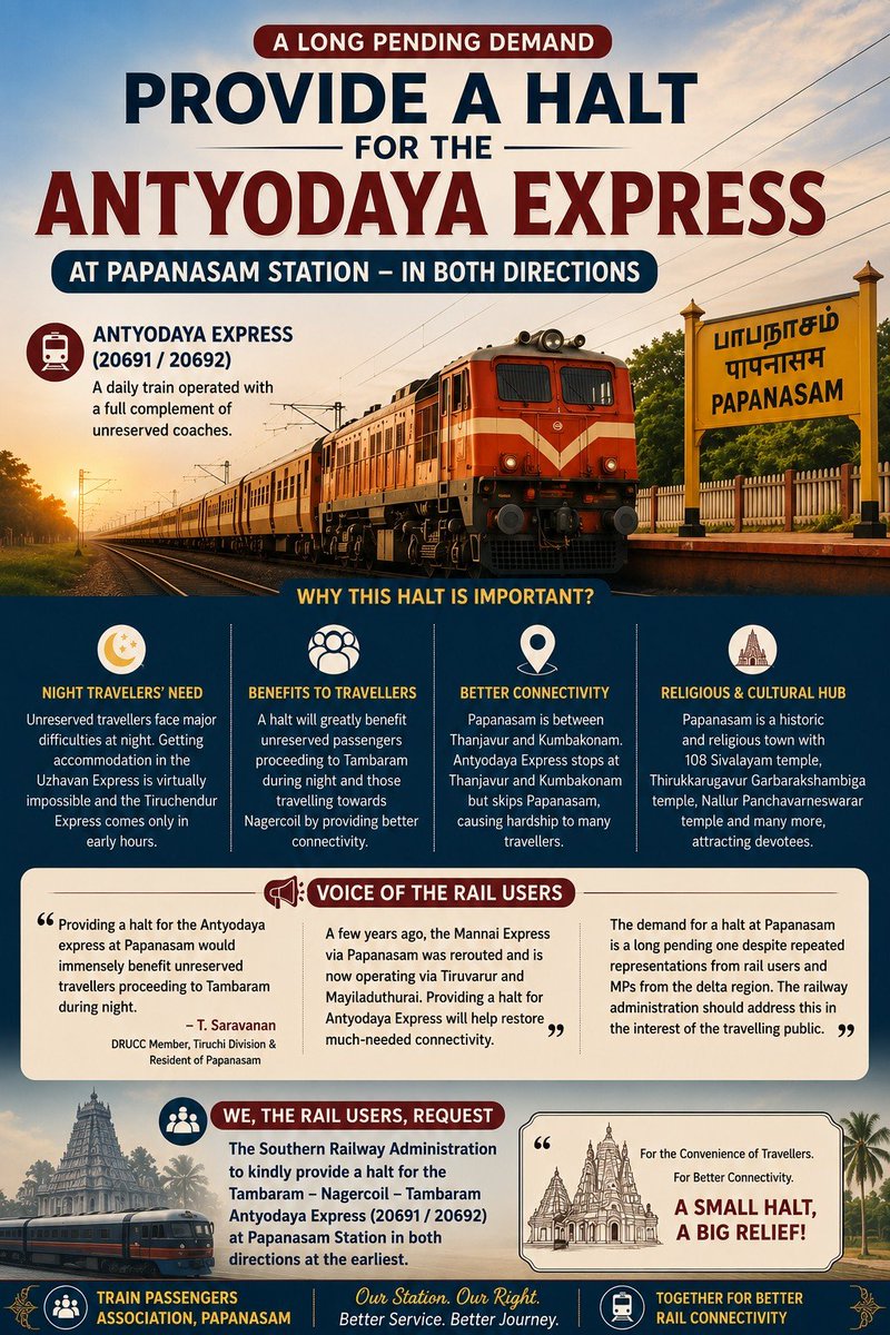 maran__vignesh's tweet photo. Requesting @DRMTPJ @srdomtpj @GMSRailway @RailMinIndia to provide a halt for Train No. 20691/92 Antyodaya Express at #Papanasam Station.

@AshwiniVaishnaw Sir, this is a long-pending demand of the people of Papanasam. Kindly consider our request and oblige. https://t.co/l5C5cjxd8N