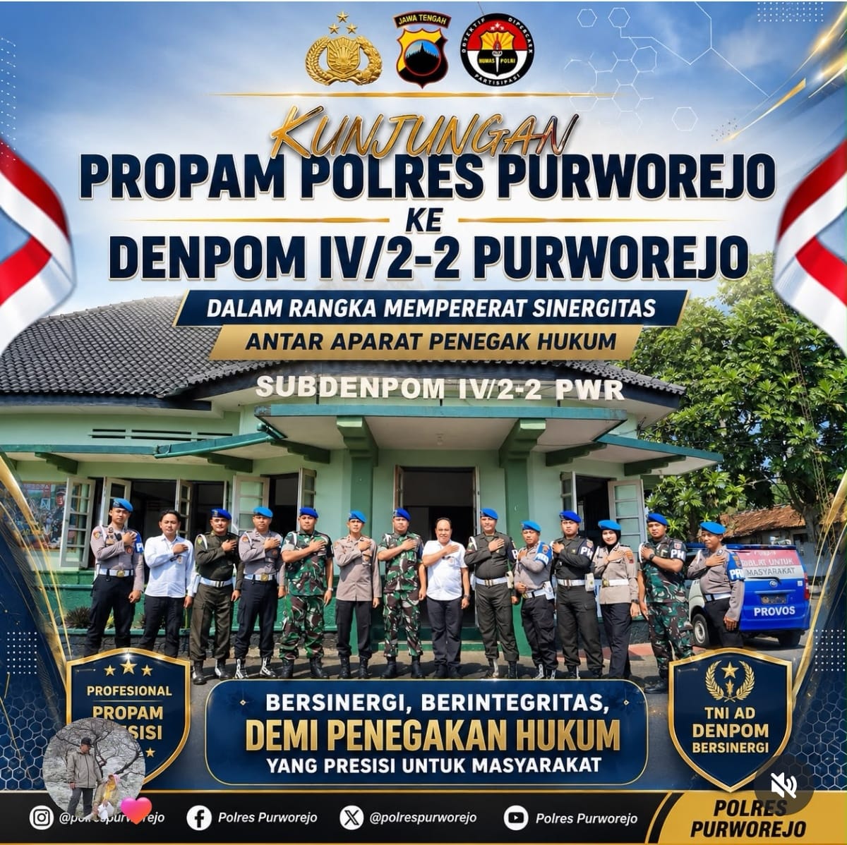 Res_Pwr's tweet photo. PROPAM POLRES PURWOREJO PERKUAT SINERGI BERSAMA DENPOM IV/2-2 PURWOREJO 🇮🇩
Sie Propam Polres Purworejo melaksanakan kunjungan ke Subdenpom IV/2-2 Purworejo sebagai wujud mempererat sinergitas antar aparat penegak hukum. https://t.co/w1FKGMWY8P