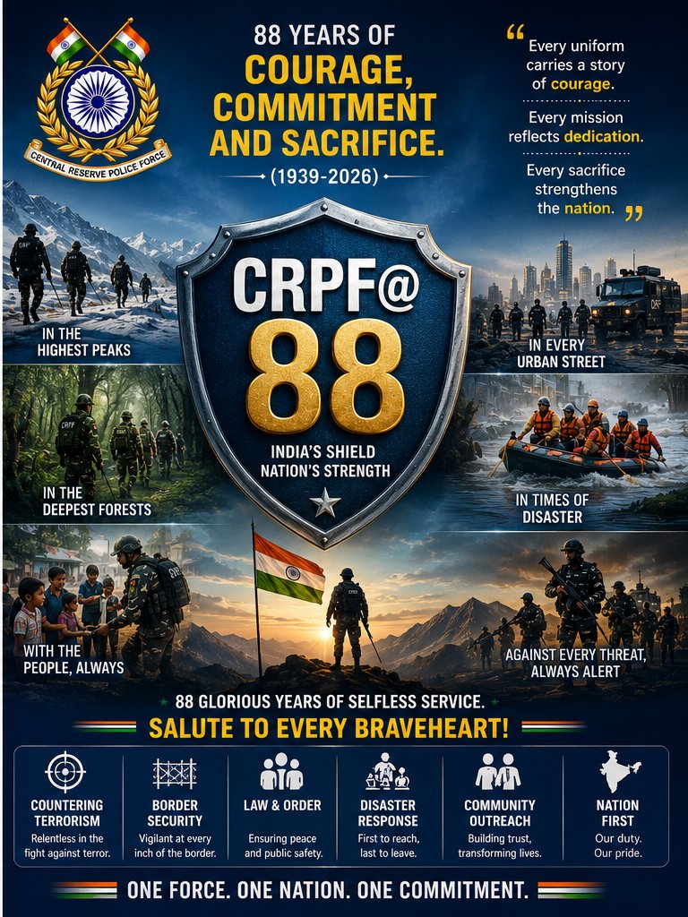RasidGulzar's tweet photo. 🚔 From safeguarding vital installations to supporting civil administration, CRPF continues to serve India with unwavering dedication. 🇮🇳 CRPF@88 #CRPFRaisingDay #CRPFDay https://t.co/Vfoi7cCfcT