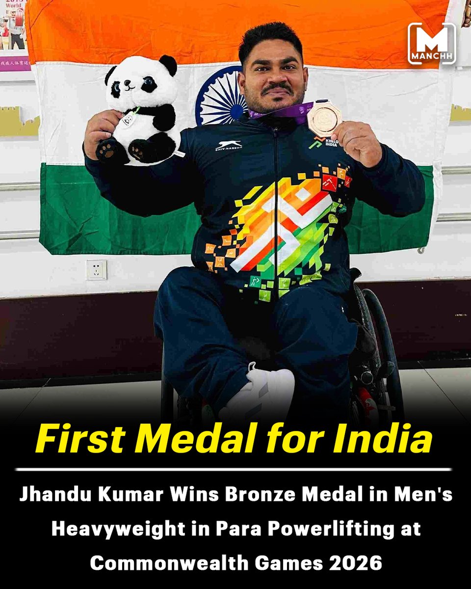 Manchh_Official's tweet photo. India's first medal at the Commonwealth Games 2026!
#JhanduKumar clinched bronze in the Men's Heavyweight Para Powerlifting event, opening Team India's medal tally.
 #CommonwealthGames2026 #ParaPowerlifting #ParaSports #TeamIndia #India #BronzeMedal #FirstMedal #ProudMoment https://t.co/j07nhRLMXd